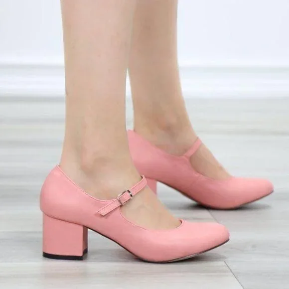 Peach Mary Jane Block Heel Rounded Toe Strap Buckle Retro Chic - Picture 10 of 10